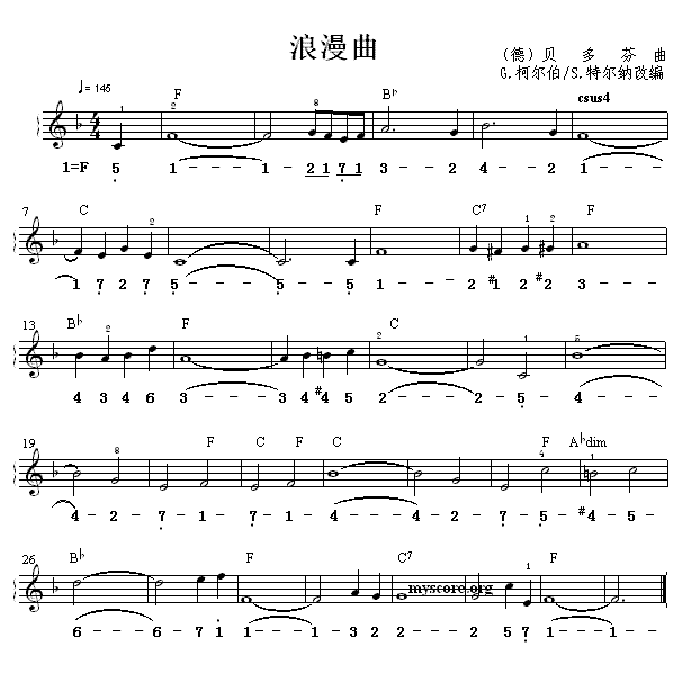 中国乐谱网——【其他曲谱】浪漫曲（双谱式电子琴谱）