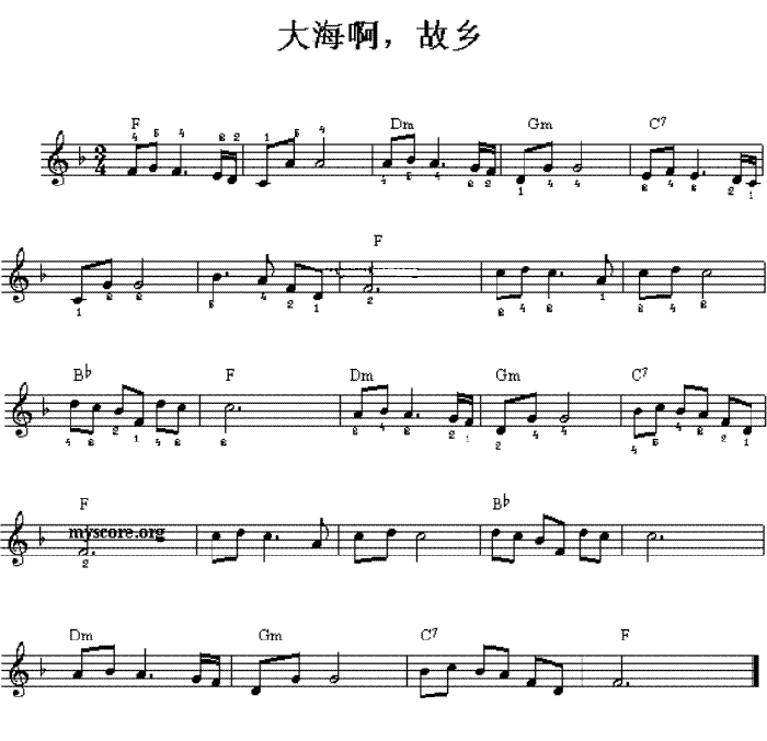 中国乐谱网——【其他乐谱】大海啊，故乡-电子琴谱(五线谱) 